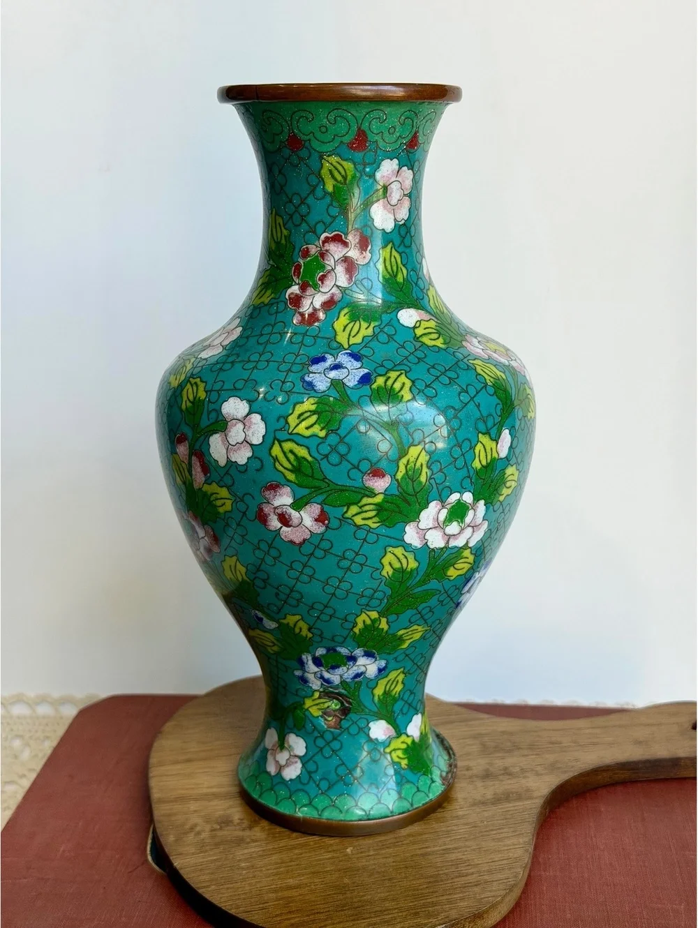 Vintage Chinese Cloisonne Enamel Vase Turquoise Floral Brass 10